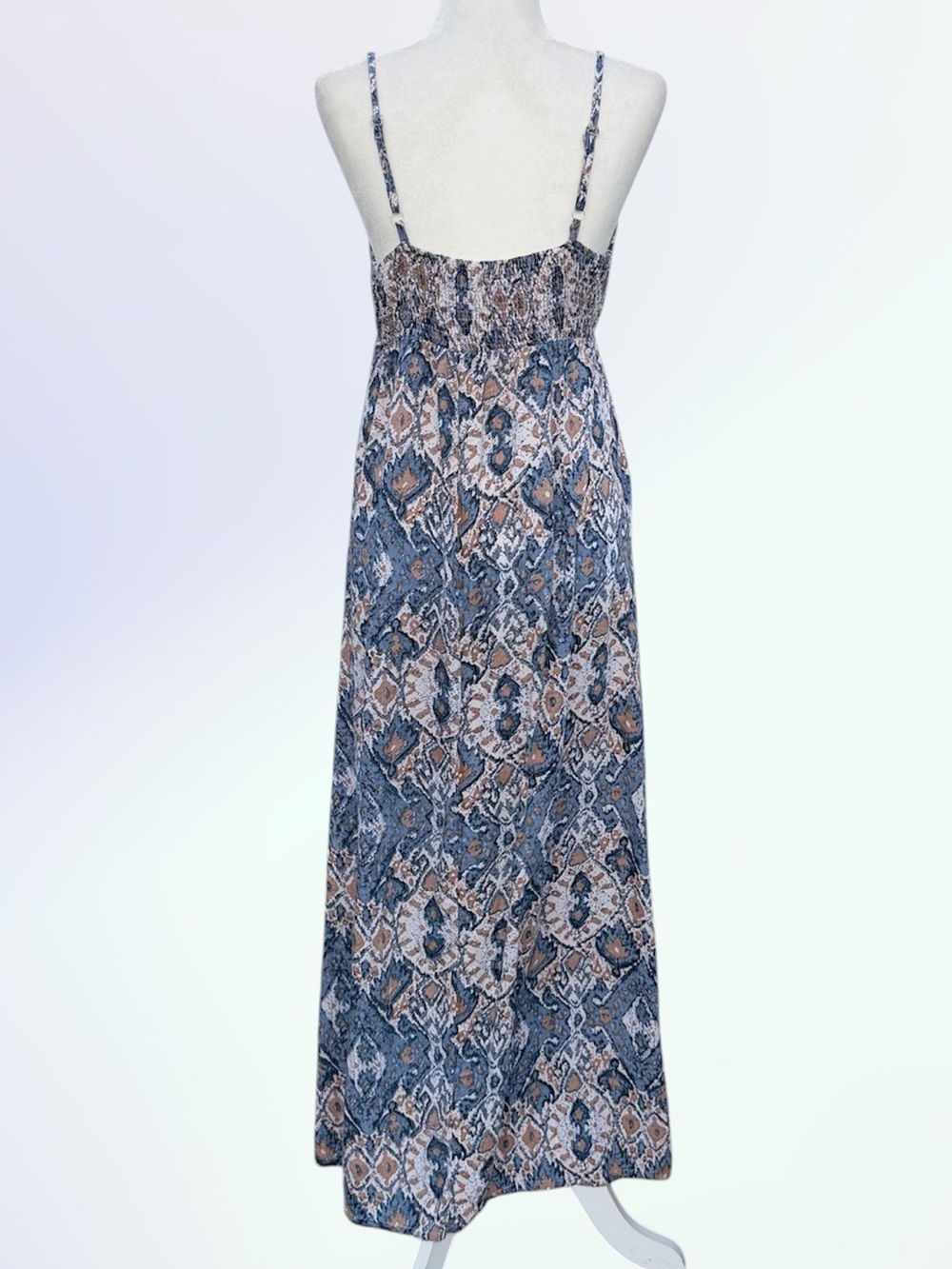 Angie Blue and Beige Ikat Print Babydoll V-Neck Spaghetti Strap Maxi Dress ~ L - Picture 3 of 8